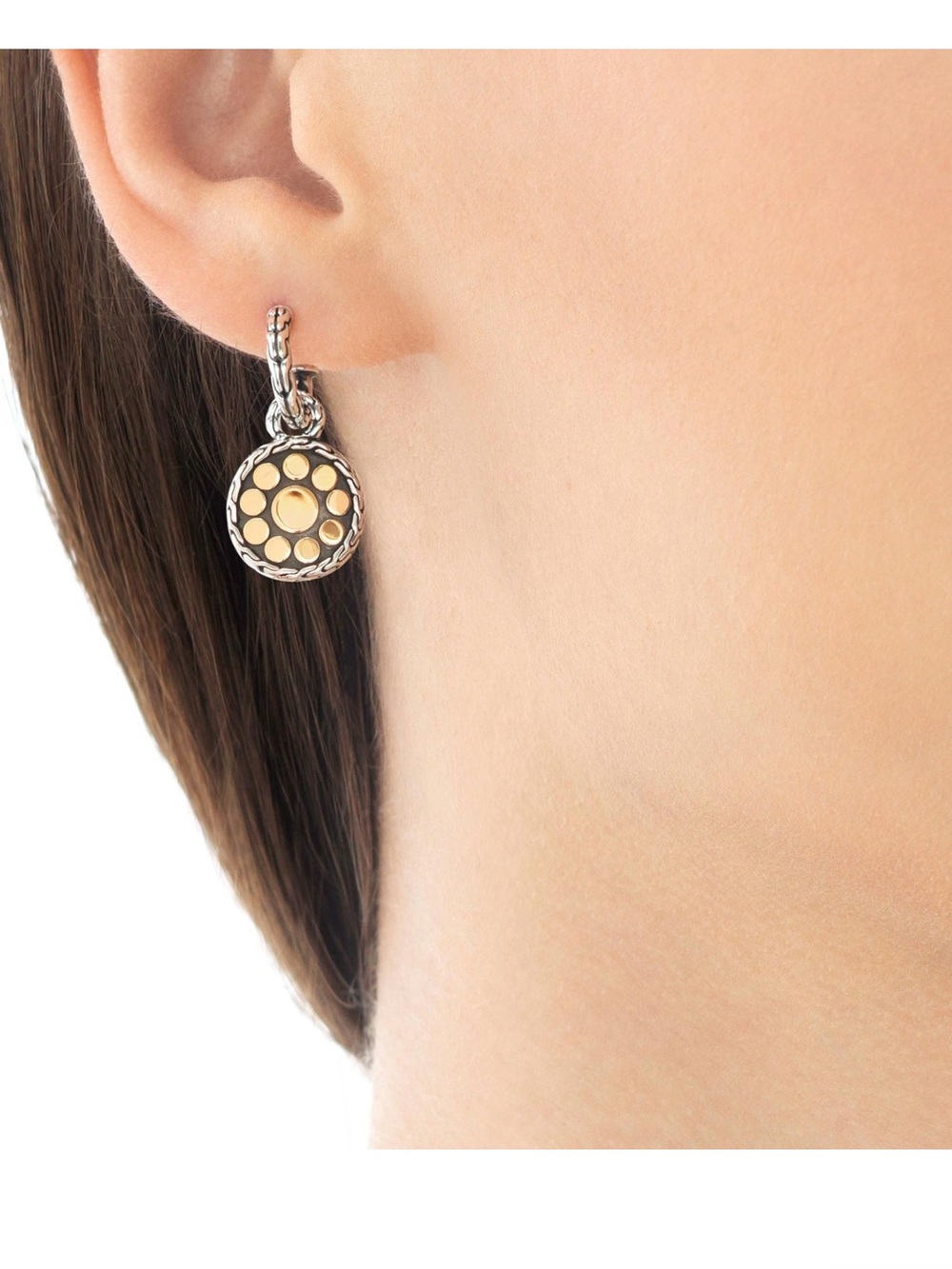 John Hardy Dot Silver & 18K Yellow Gold Small Round Hoop Drop Earrings - Picture 3 of 7